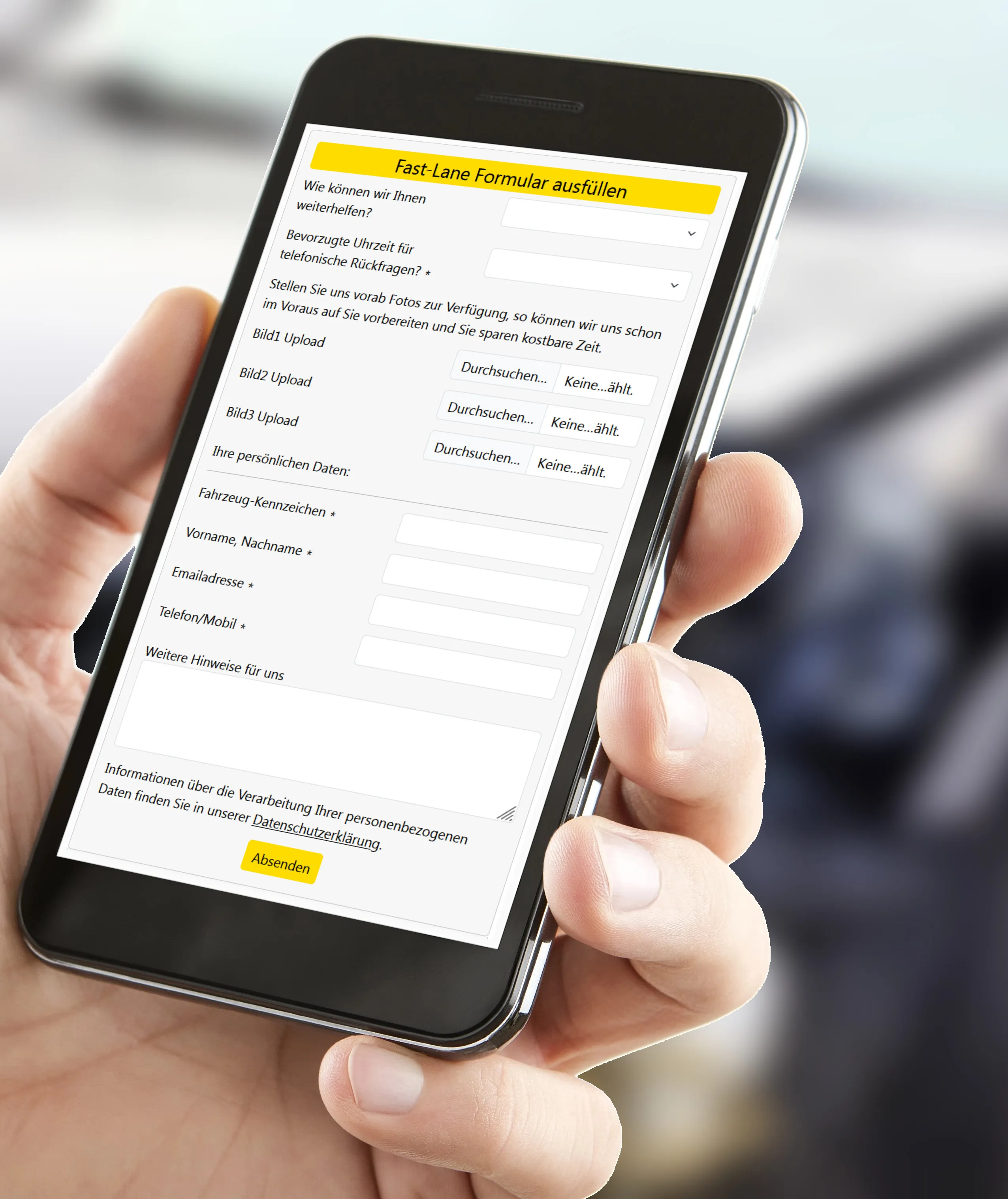 Auf dem Bild ist eine Smartphone Darstellung zu sehen mit dem geöffneten Formular des Fast Lane Service